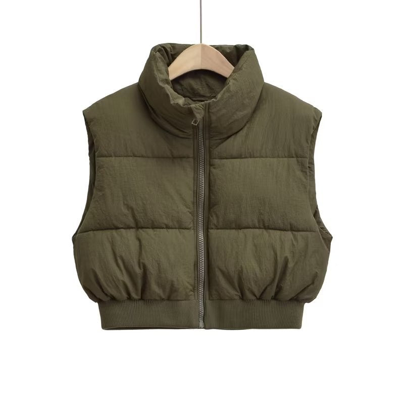 Women's Cropped Puffer Vest with Stand Collar | Sleeveless