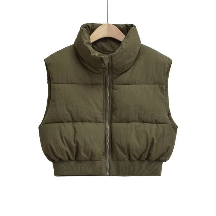 Women's Cropped Puffer Vest with Stand Collar | Sleeveless