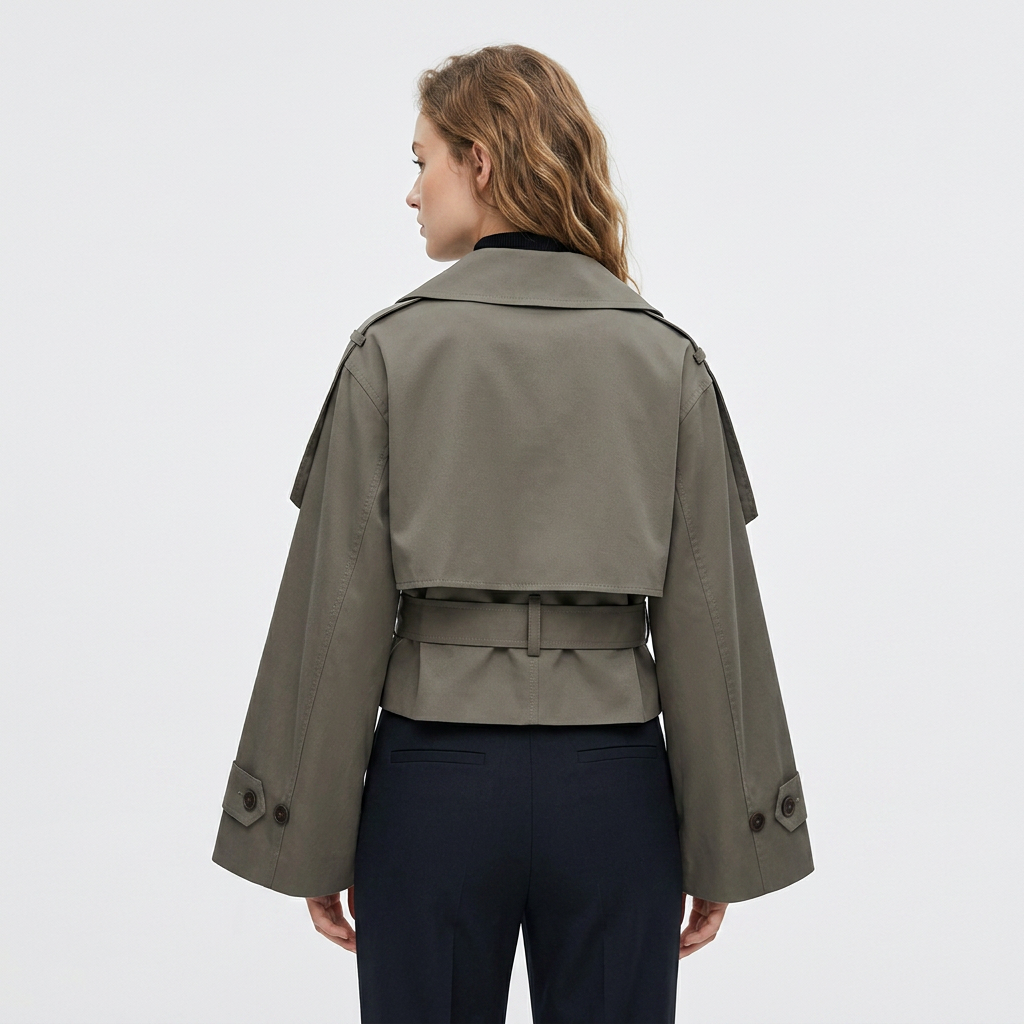Women's Cropped Trench Coat with Belted Waist | Collar