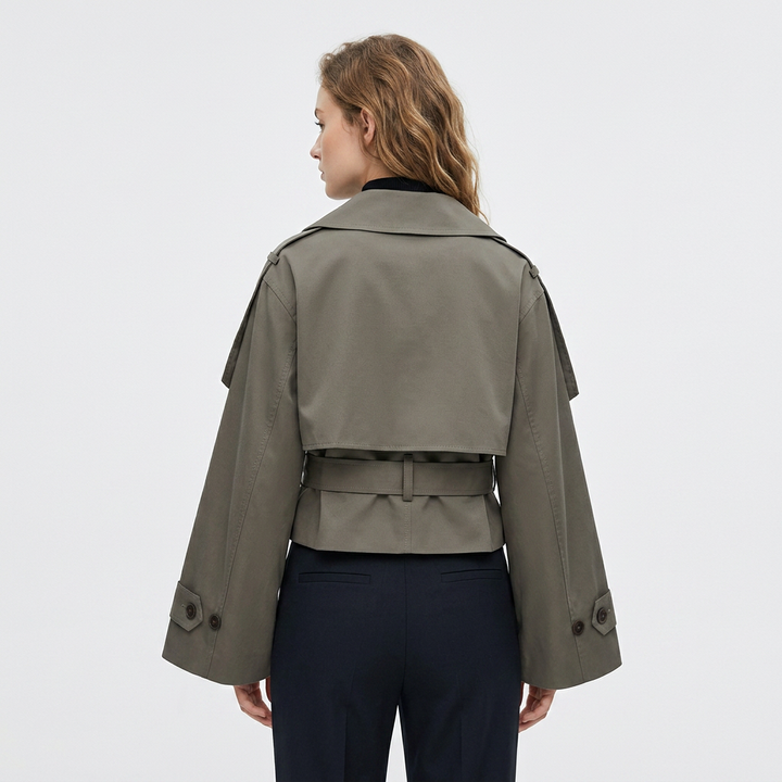 Women's Cropped Trench Coat with Belted Waist | Collar