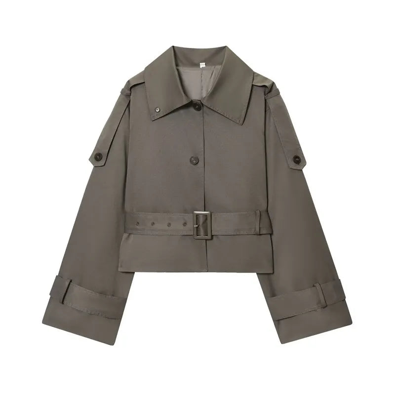 Women's Cropped Trench Coat with Belted Waist | Collar