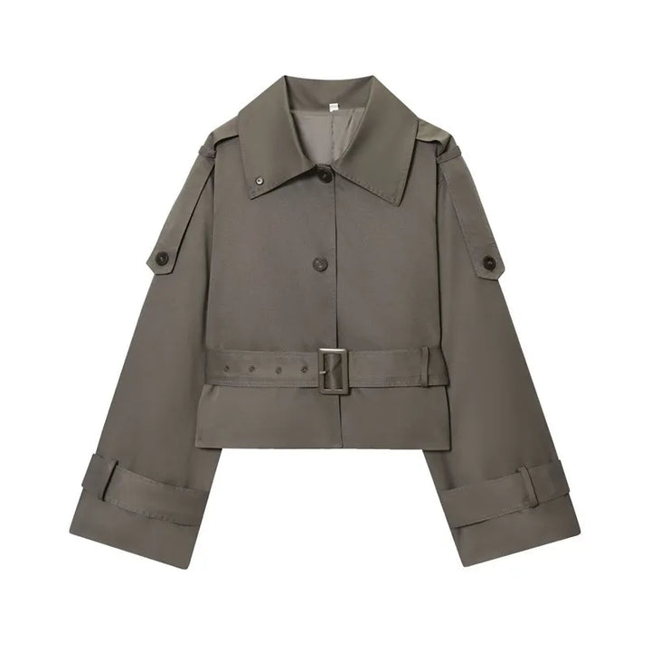 Women's Cropped Trench Coat with Belted Waist | Collar