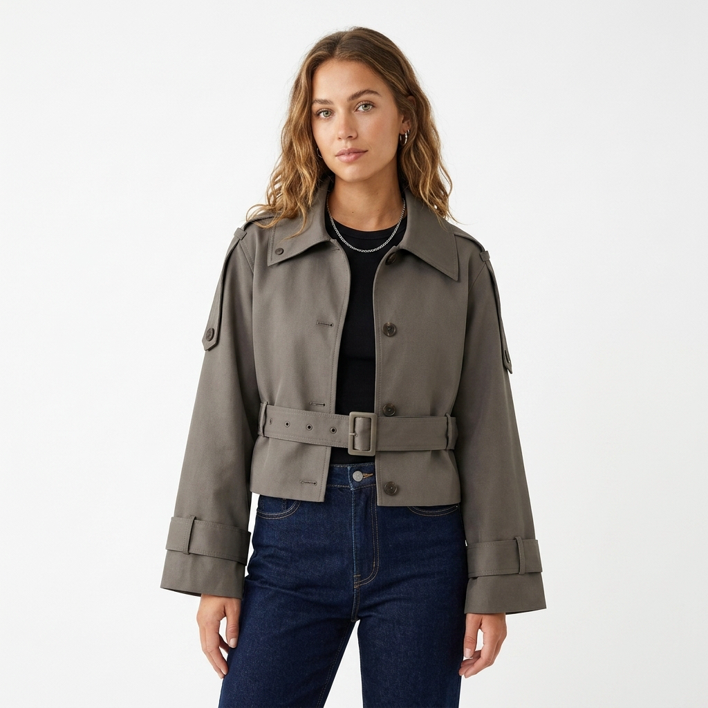 Women's Cropped Trench Coat with Belted Waist | Collar