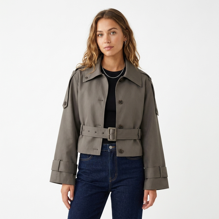 Women's Cropped Trench Coat with Belted Waist | Collar