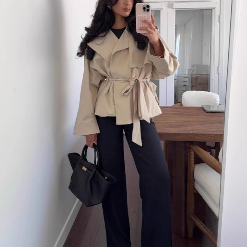 Women's Cropped Trench Coat with Belted Waist | Lapel