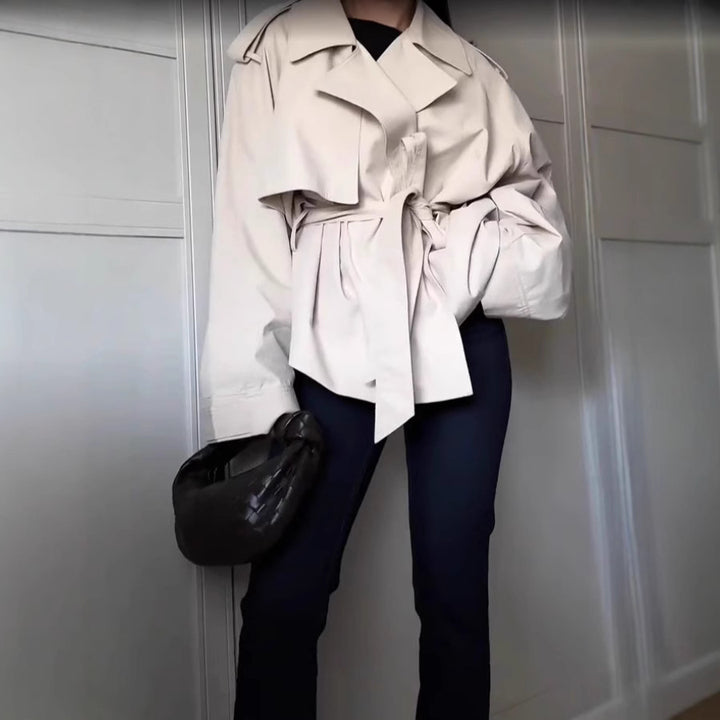Women's Cropped Trench Coat with Belted Waist | Lapel