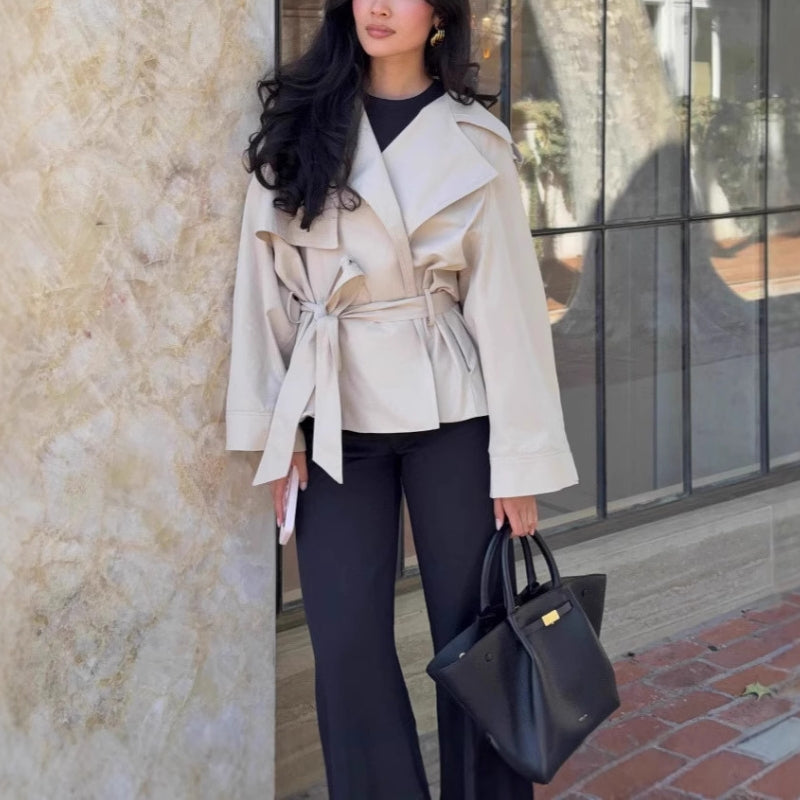 Women's Cropped Trench Coat with Belted Waist | Lapel