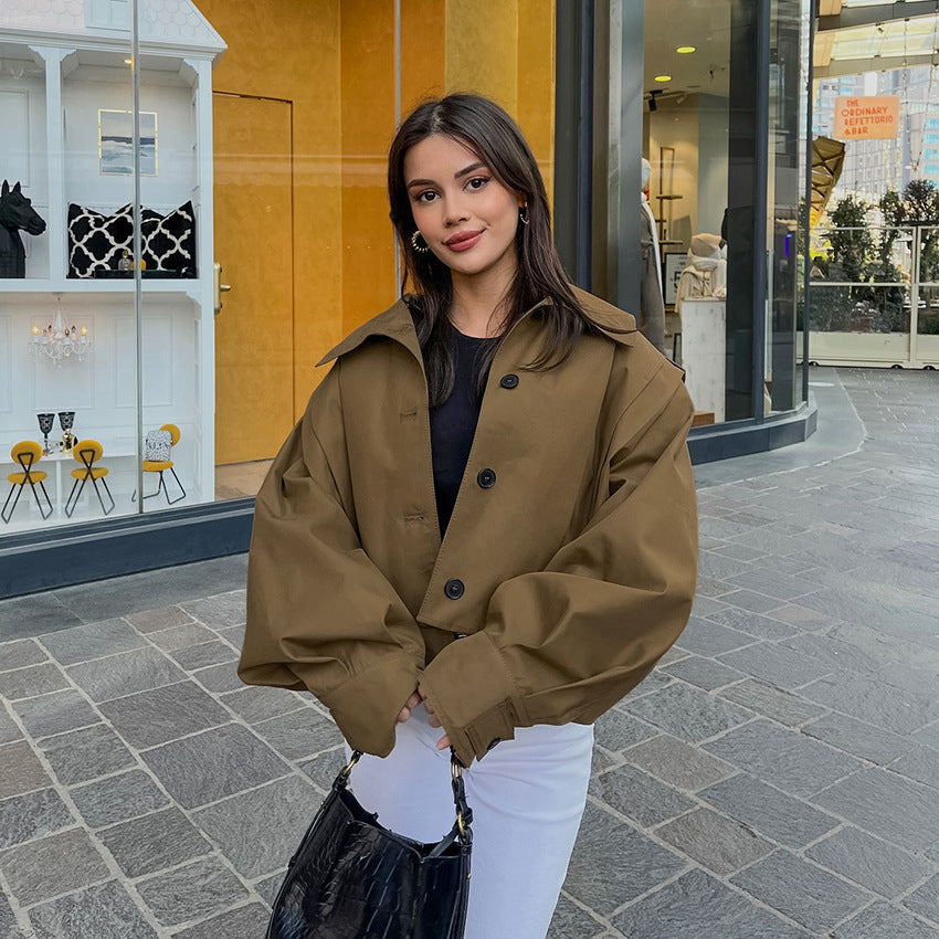 Women's Cropped Trench Coat with Button Front | Collar