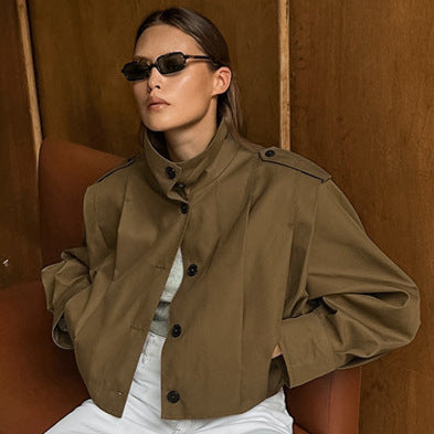 Women's Cropped Trench Coat with Button Front | Collar