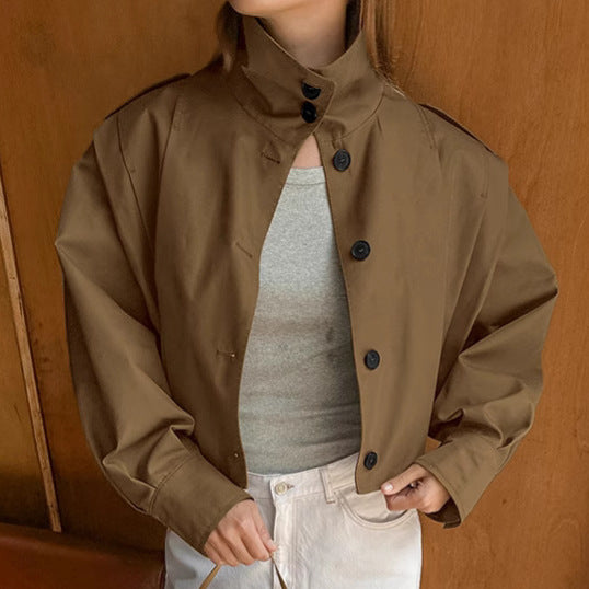 Women's Cropped Trench Coat with Button Front | Collar