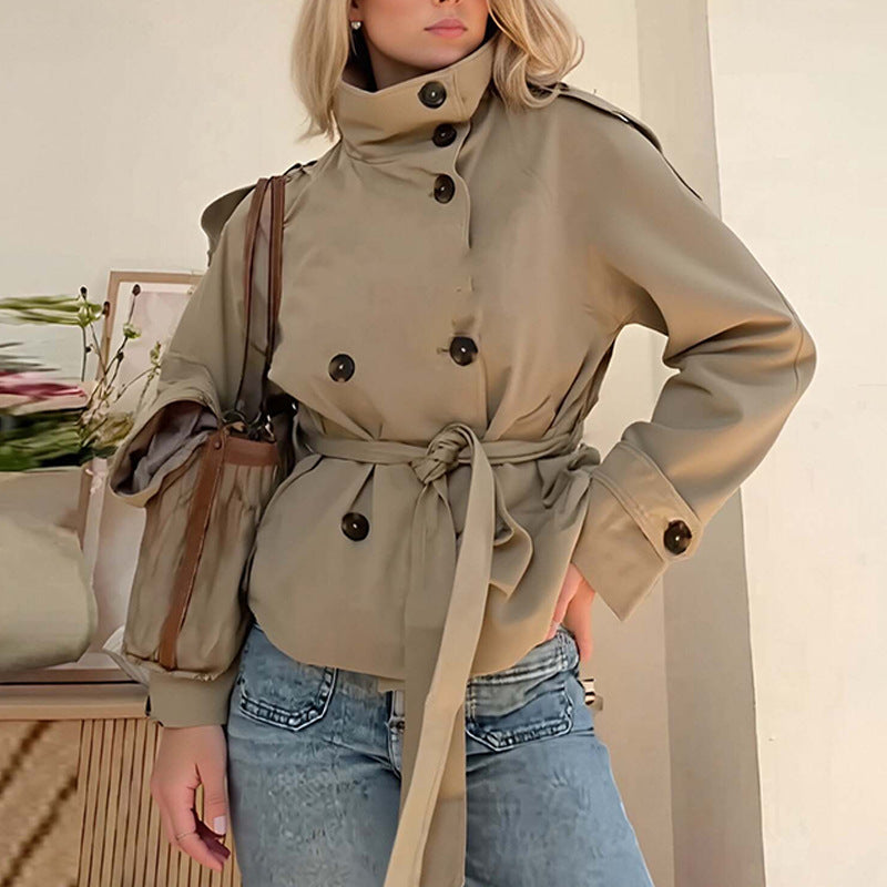 Women's Cropped Trench Coat with Double-Breasted | Belted