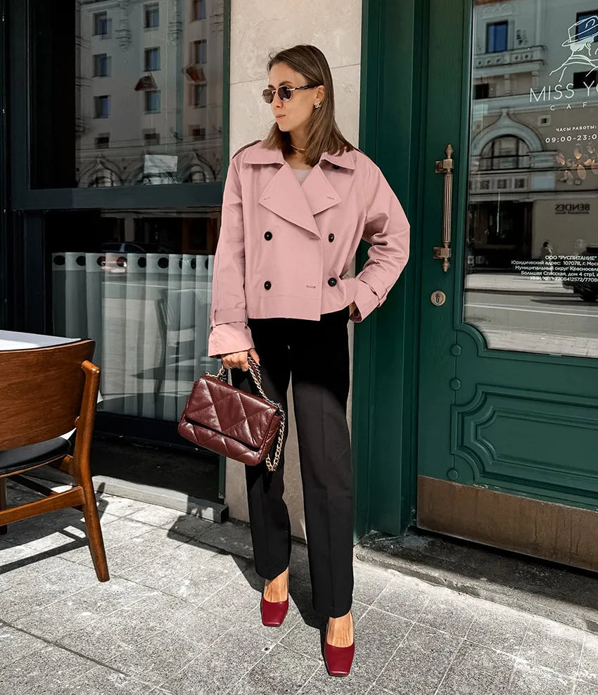 Women's Cropped Trench Coat with Double Breasted | Lapel