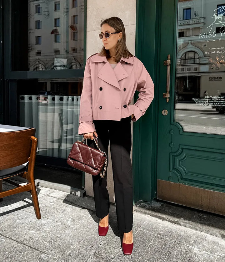 Women's Cropped Trench Coat with Double Breasted | Lapel