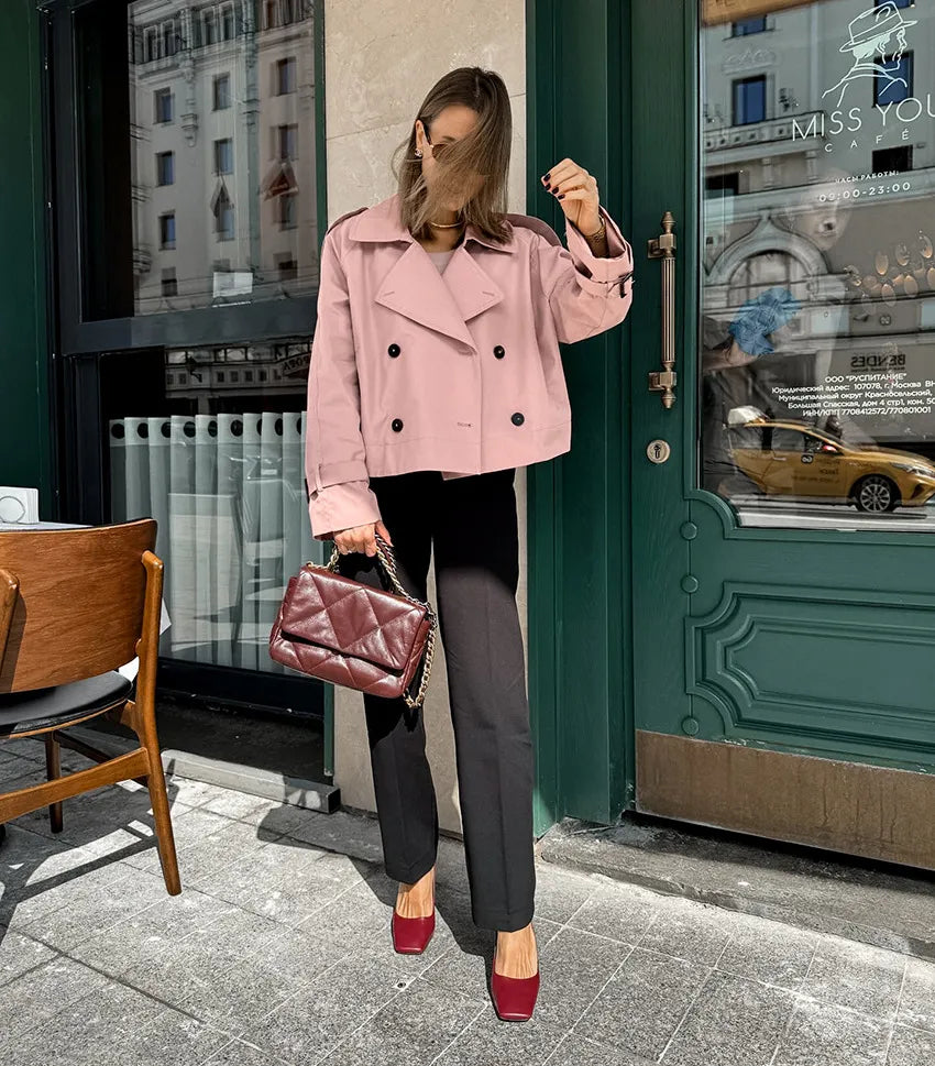 Women's Cropped Trench Coat with Double Breasted | Lapel