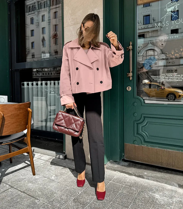Women's Cropped Trench Coat with Double Breasted | Lapel
