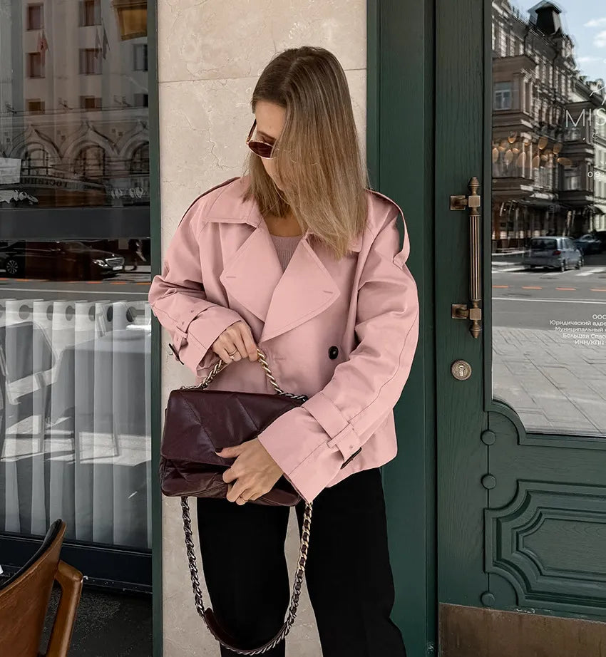 Women's Cropped Trench Coat with Double Breasted | Lapel