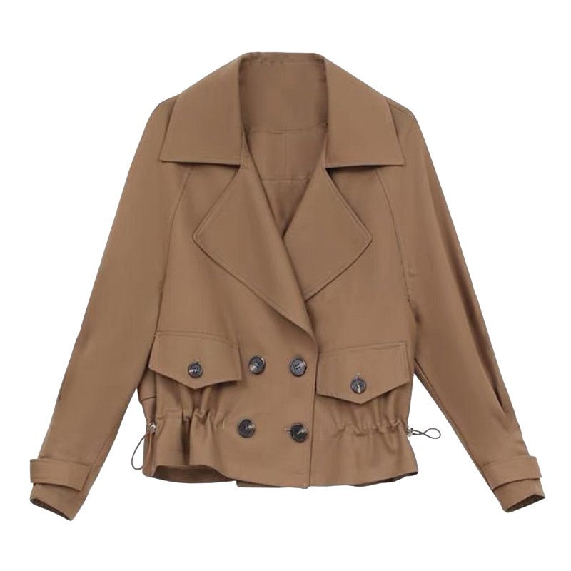 Women's Cropped Trench Coat with Drawstring Waist & Lapel | Double Breasted