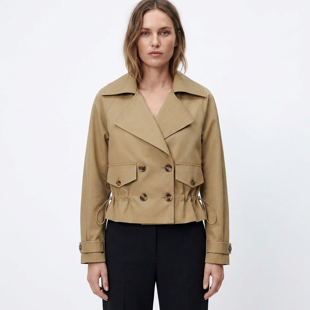 Women's Cropped Trench Coat with Drawstring Waist & Lapel | Double Breasted
