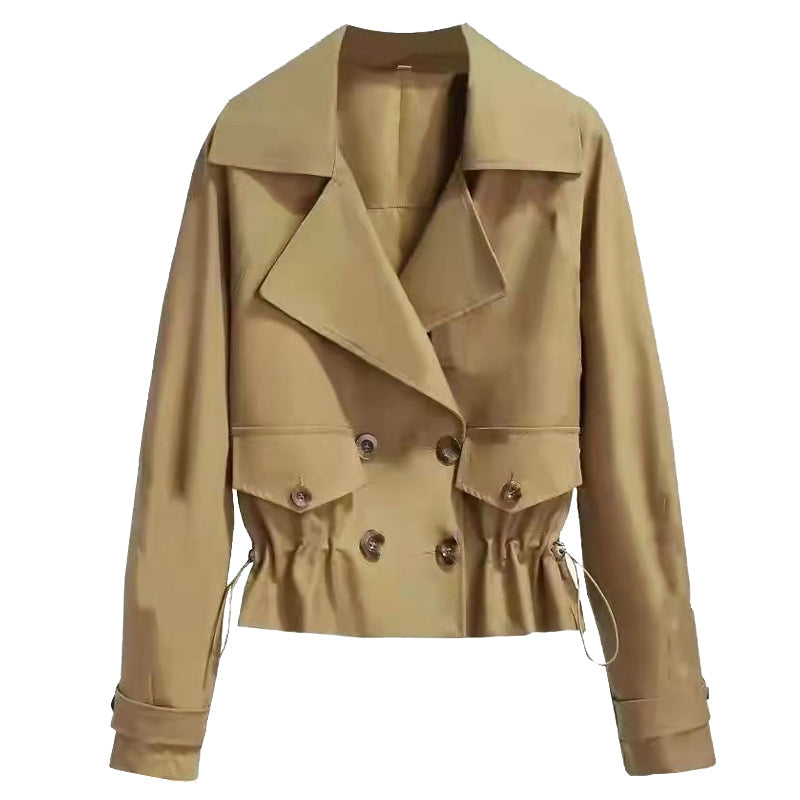 Women's Cropped Trench Coat with Drawstring Waist & Lapel | Double Breasted