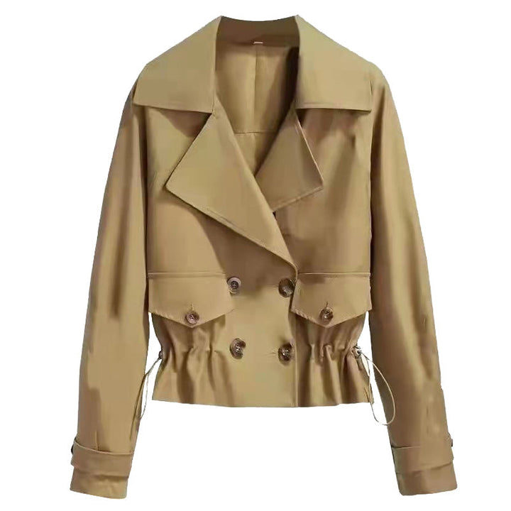 Women's Cropped Trench Coat with Drawstring Waist & Lapel | Double Breasted
