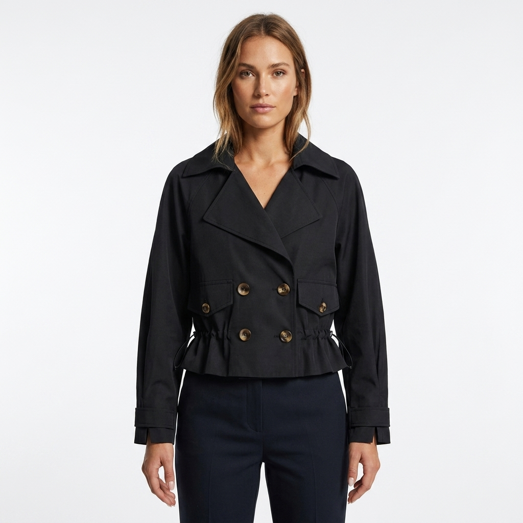 Women's Cropped Trench Coat with Drawstring Waist & Lapel | Double Breasted