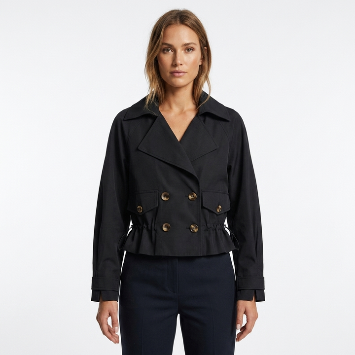 Women's Cropped Trench Coat with Drawstring Waist & Lapel | Double Breasted