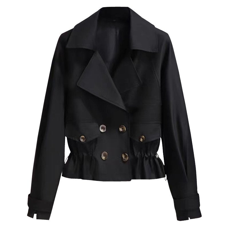 Women's Cropped Trench Coat with Drawstring Waist & Lapel | Double Breasted
