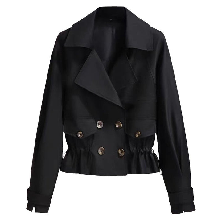 Women's Cropped Trench Coat with Drawstring Waist & Lapel | Double Breasted