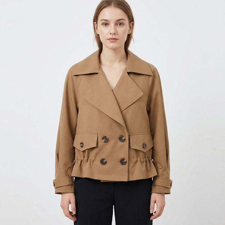 Women's Cropped Trench Coat with Drawstring Waist & Lapel | Double Breasted