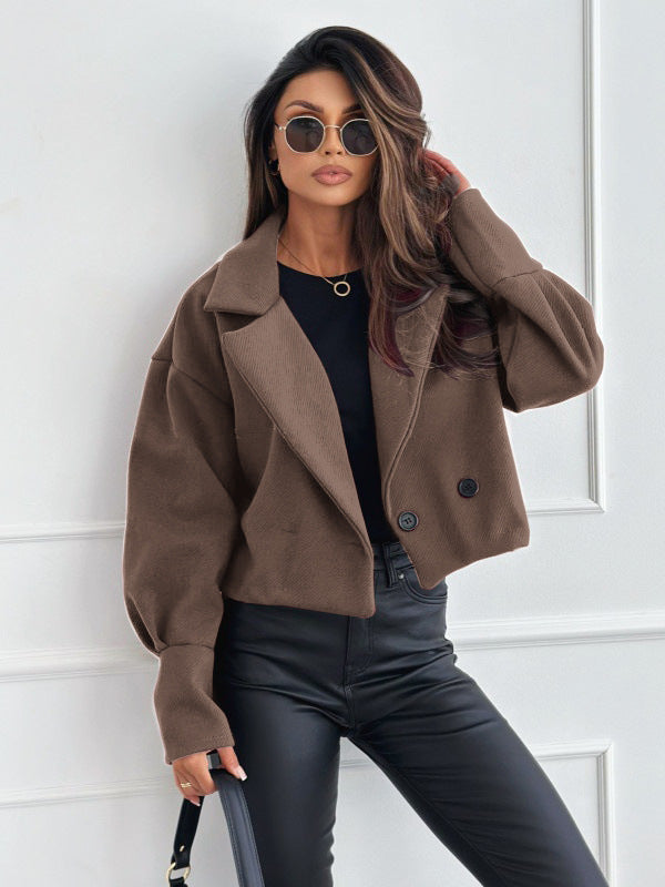 Women's Cropped Trench Coat with Lapel Collar & Buttons | Boxy