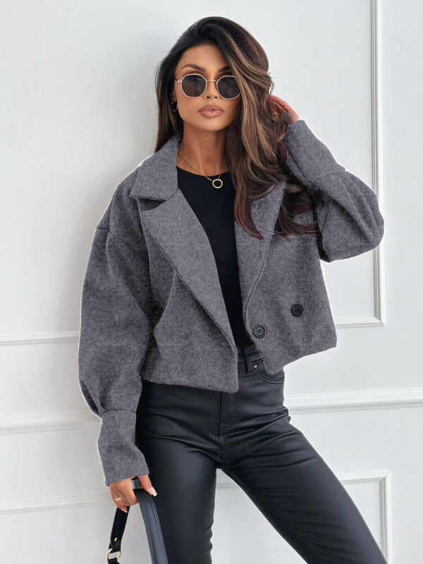 Women's Cropped Trench Coat with Lapel Collar & Buttons | Boxy