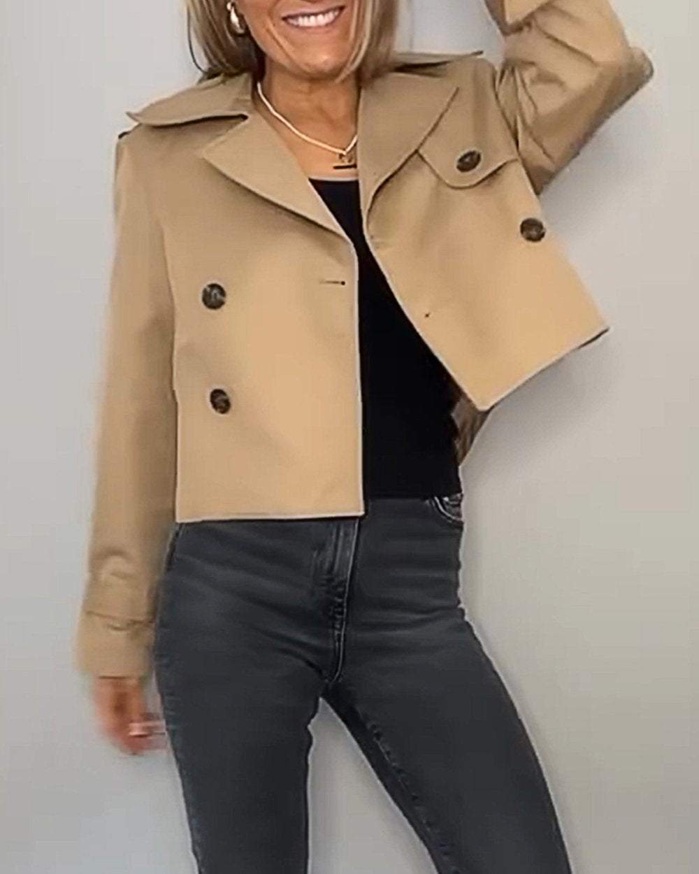 Women's Cropped Trench Coat with Lapel | Double-Breasted