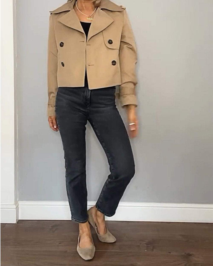 Women's Cropped Trench Coat with Lapel | Double-Breasted
