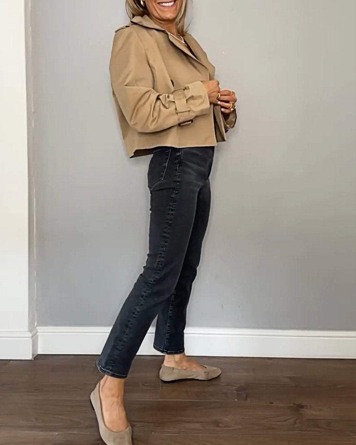 Women's Cropped Trench Coat with Lapel | Double-Breasted