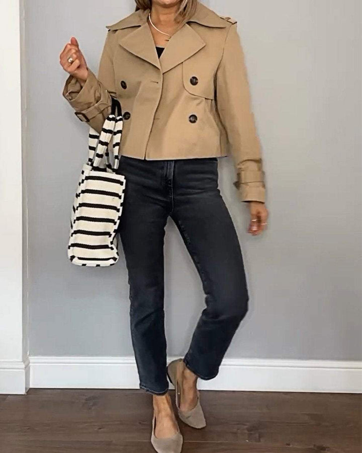 Women's Cropped Trench Coat with Lapel | Double-Breasted