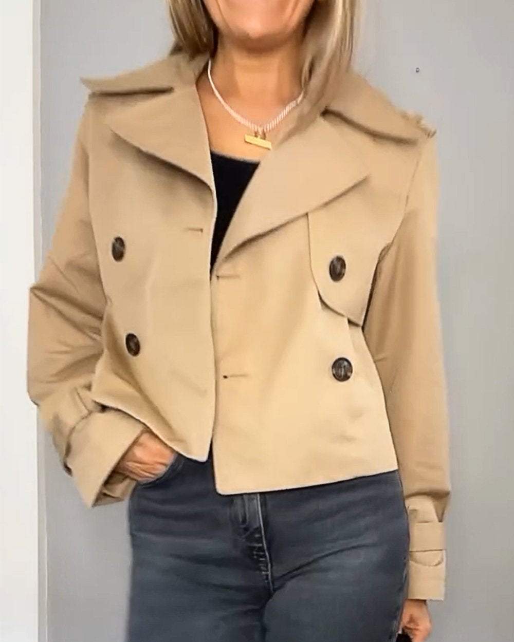 Women's Cropped Trench Coat with Lapel | Double-Breasted