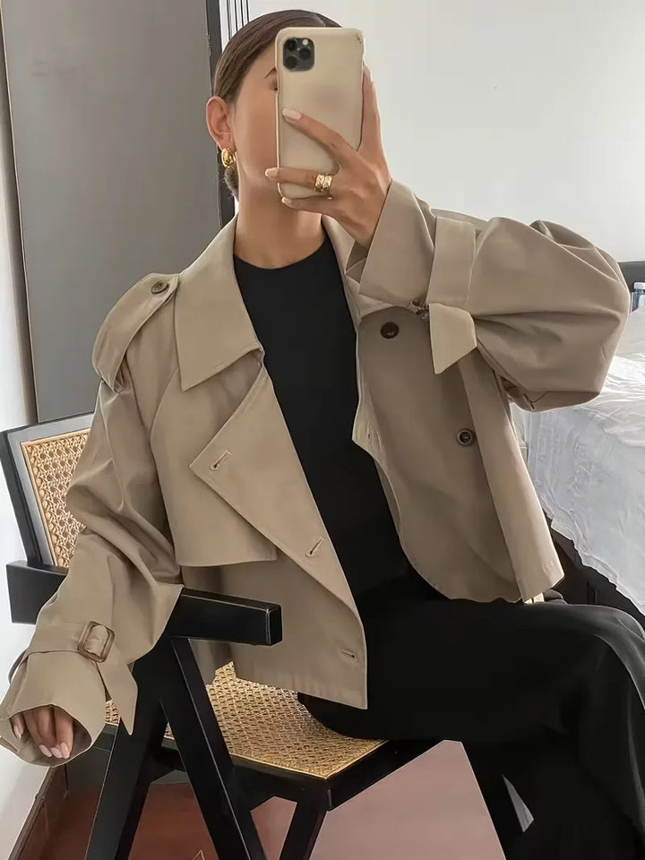 Women's Cropped Trench Coat with Lapel & Double Breasted | Oversized
