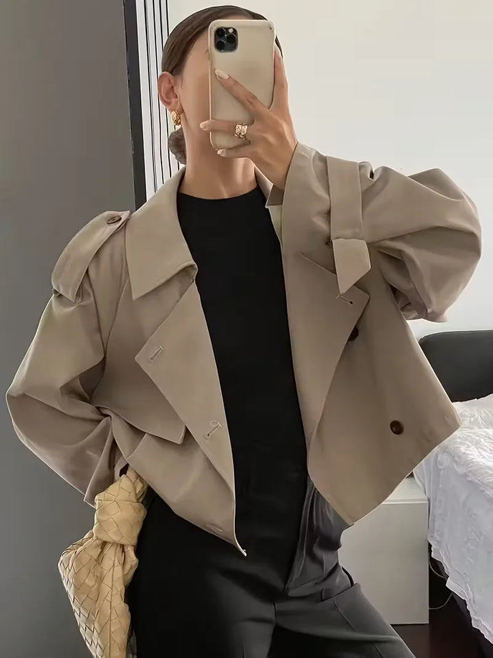 Women's Cropped Trench Coat with Lapel & Double Breasted | Oversized
