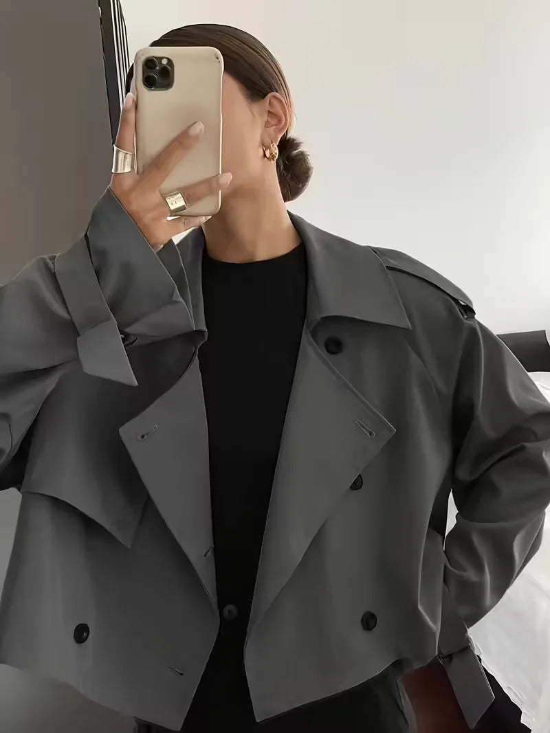 Women's Cropped Trench Coat with Lapel & Double Breasted | Oversized