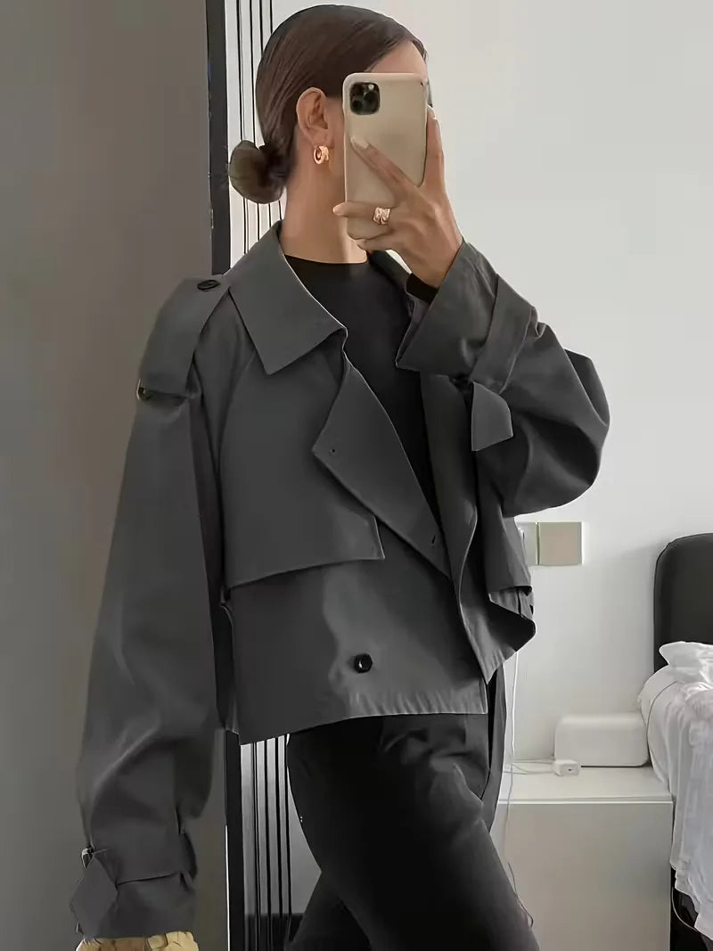 Women's Cropped Trench Coat with Lapel & Double Breasted | Oversized