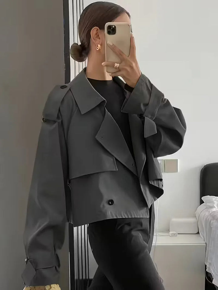 Women's Cropped Trench Coat with Lapel & Double Breasted | Oversized