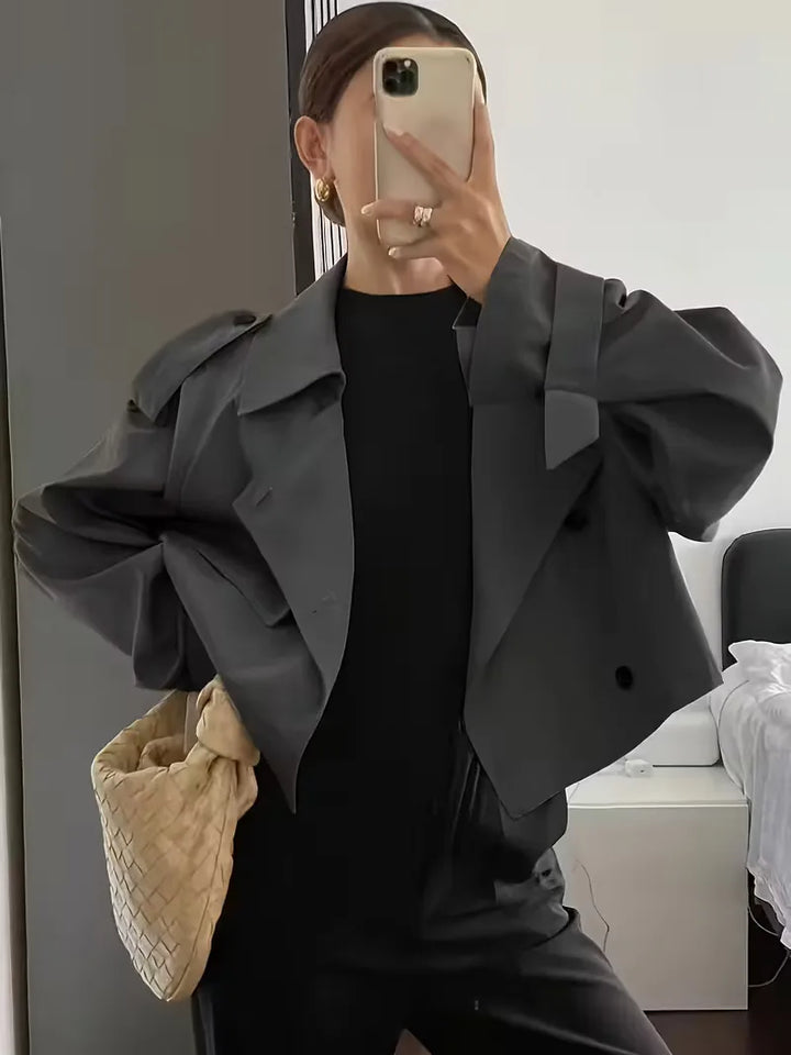 Women's Cropped Trench Coat with Lapel & Double Breasted | Oversized