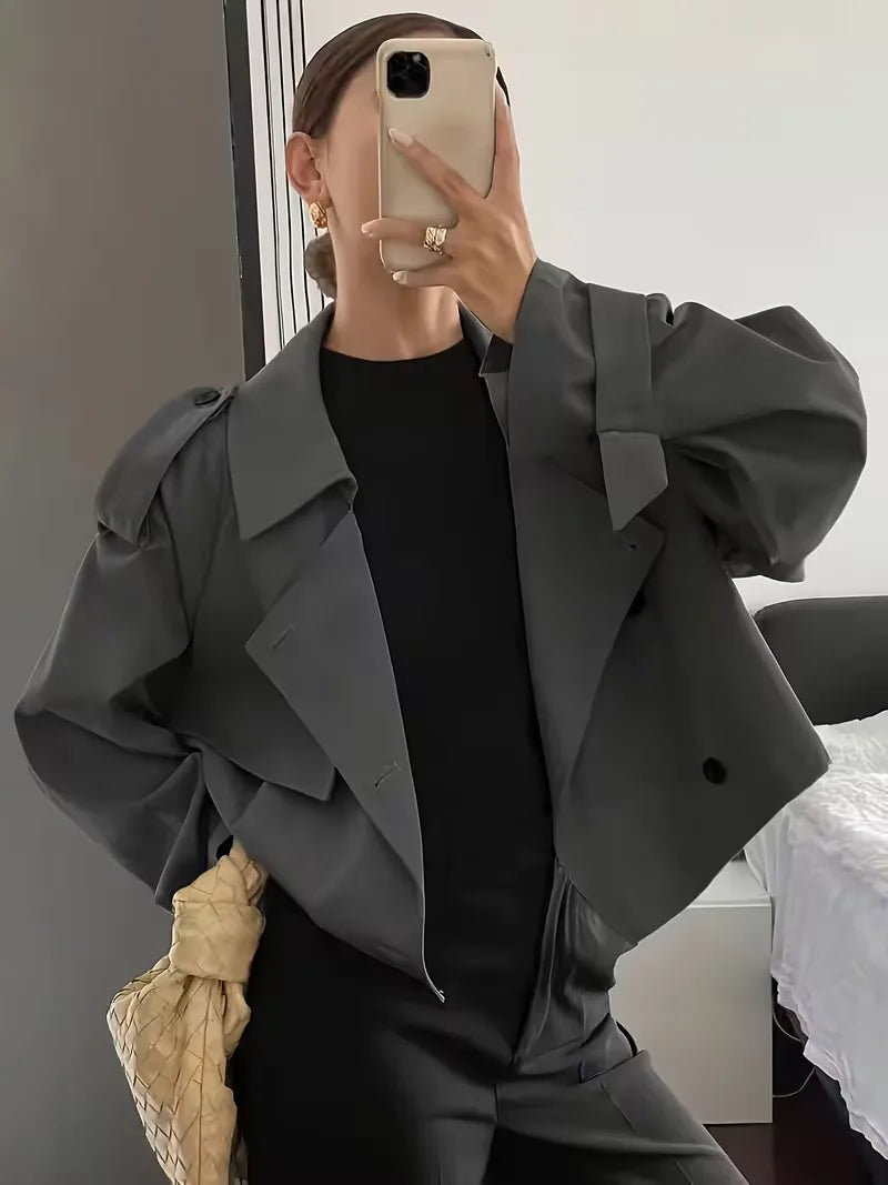 Women's Cropped Trench Coat with Lapel & Double Breasted | Oversized
