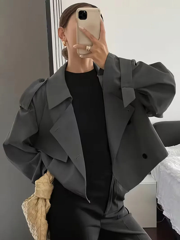 Women's Cropped Trench Coat with Lapel & Double Breasted | Oversized