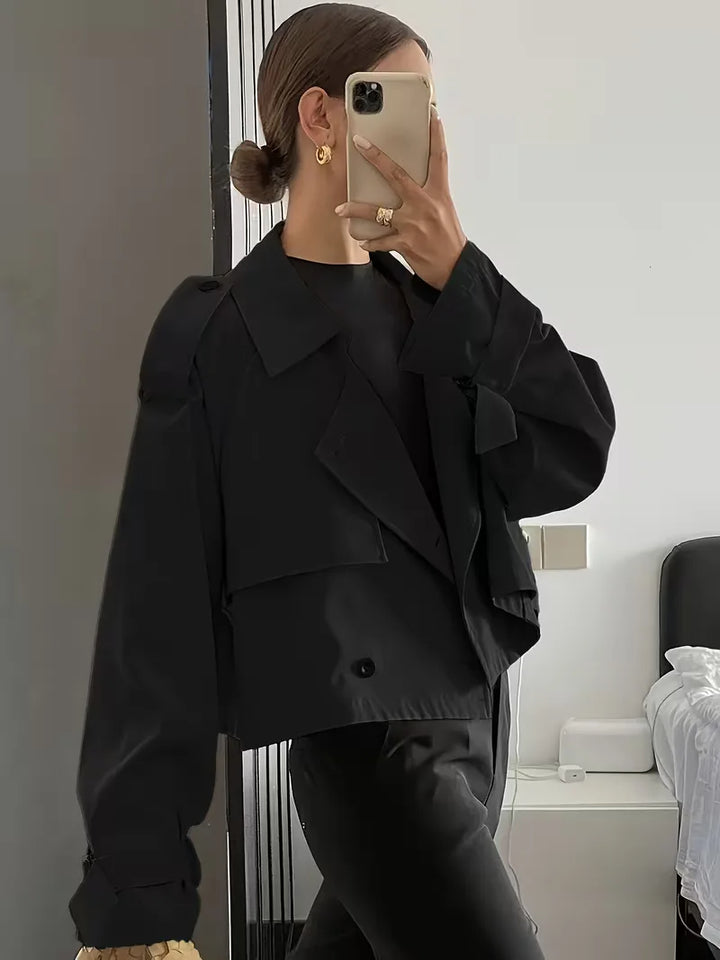 Women's Cropped Trench Coat with Lapel & Double Breasted | Oversized
