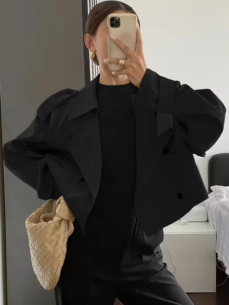 Women's Cropped Trench Coat with Lapel & Double Breasted | Oversized