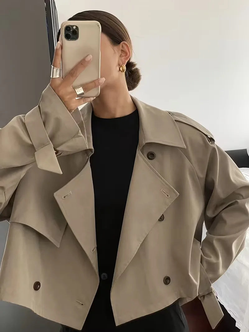 Women's Cropped Trench Coat with Lapel & Double Breasted | Oversized