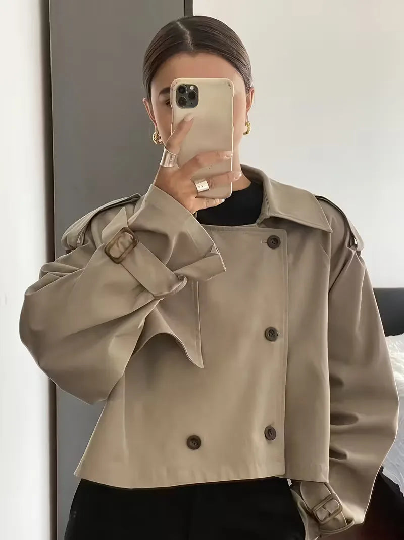 Women's Cropped Trench Coat with Lapel & Double Breasted | Oversized