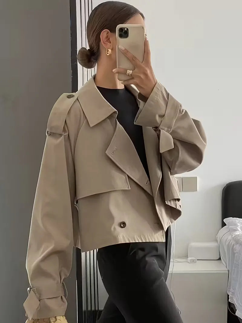 Women's Cropped Trench Coat with Lapel & Double Breasted | Oversized
