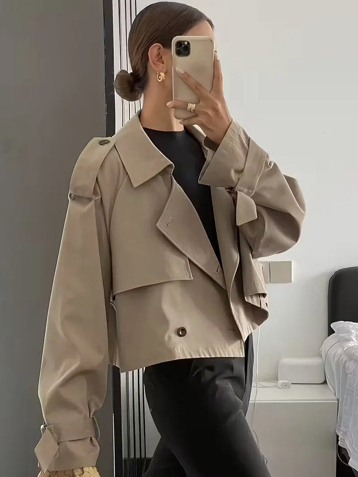 Women's Cropped Trench Coat with Lapel & Double Breasted | Oversized